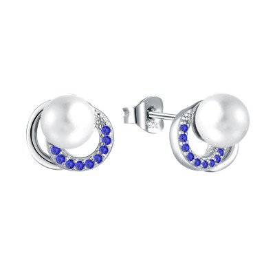 DESIGNER PEARL AND BLUE DIAMOND CLUSTER SILVER EARRINGS FOR WOMEN