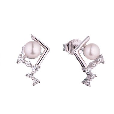 Pearl Flower Long Dangle Hoop Earrings In Silver